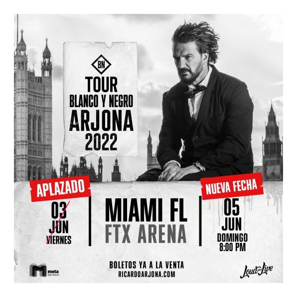 More Info for NEW DATE - JUNE 3RD RICARDO ARJONA CONCERT RESCHEDULED TO SUNDAY, JUNE 5TH  AT FTX ARENA
